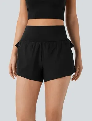 Halara Breezeful High Waisted Ruffle Contrast Mesh Yoga Shorts Black Small thumbnail 1