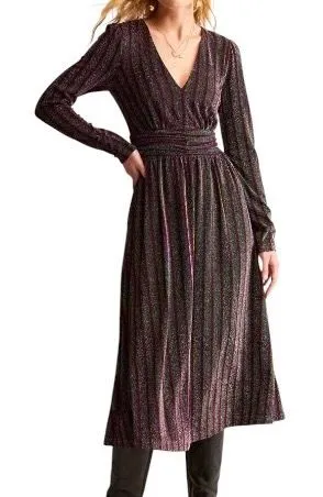 Boden Shimmer Glitter Long Sleeve Stripe Midi Dress Red Black Green Size 8 thumbnail 1