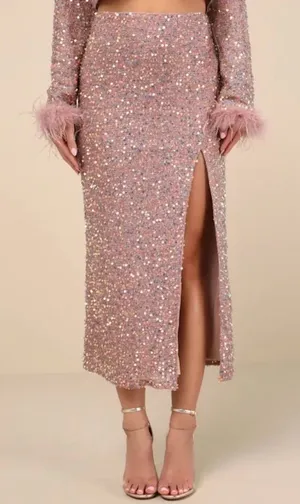 Lulu's Sequined Pink Midi Skirt with Slit thumbnail 1