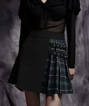 Punk L Large Pleated Plaid Mini Skirt Dark‎ Academia Twee Preppy School Girl thumbnail 1