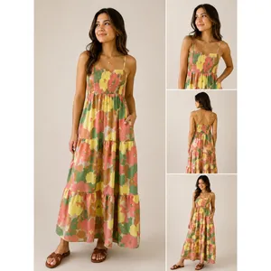 Floral Tiered Maxi Dress Pink‎ Yellow Green Smocked Back Pockets Sleeveless thumbnail 2