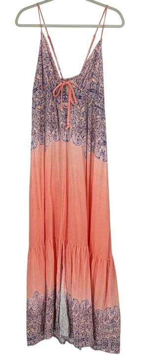 VENUS Size 18 Coral Blue Paisley Maxi Dress Boho Tie Front Tiered Resort thumbnail 1