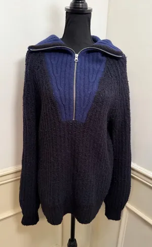 Everlane Luxe Teddy Oversized Half-Zip Bib Sweater Black Ocean Blue Chunky Knit thumbnail 1
