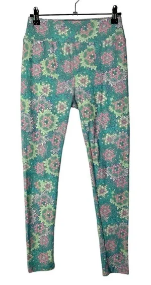 Lularoe Blue‎ Green & Pink Floral Buttery Soft Pull On Leggings OS thumbnail 1