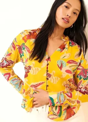 Pilcro Anthropologie Floral‎ Blouse Womens 1X Yellow Ruffle V-Neck thumbnail 1