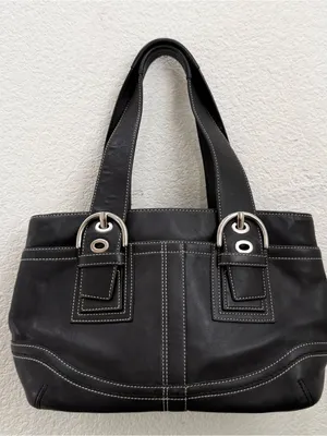 Vintage Y2K COACH F10911 Soho Carryall Satchel Black Leather Contrast Stitching thumbnail 8