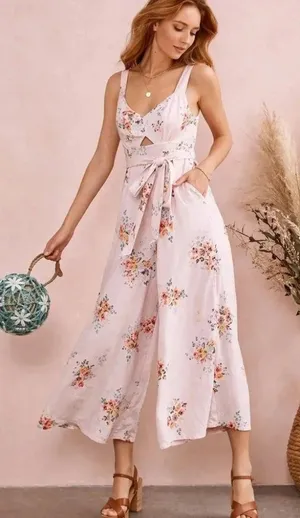 Anthropologie Akemi + Kin Pink Adia Floral Linen Rayon Blend Tie Waist Jumpsuit thumbnail 1