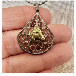 silver and gold tone horse teardrop pendant necklace thumbnail 8