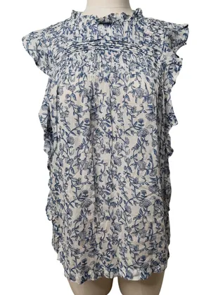 Beachlunchlounge‎ White Blue Floral Ruffle Neck Cotton Sleeveless Blouse Small thumbnail 1