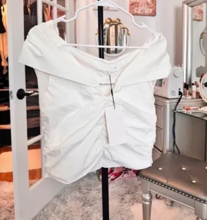 Zara White Off-Shoulder Ruched Crop Top with Front Twist thumbnail 1