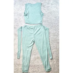 Sage Green Ribbed Knit 2 Piece Set Crop Top and Tie Waist Joggers XL thumbnail 8