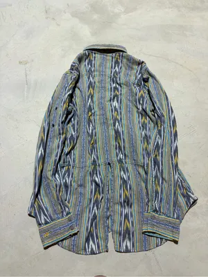 Ryan Michael Striped western Button-Up Shirt in Blue & Yellow medium thumbnail 9
