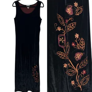 Vintage Black‎ Burgundy Velvet Floral Embroidered Boho Whimsigoth Maxi Dress S thumbnail 2