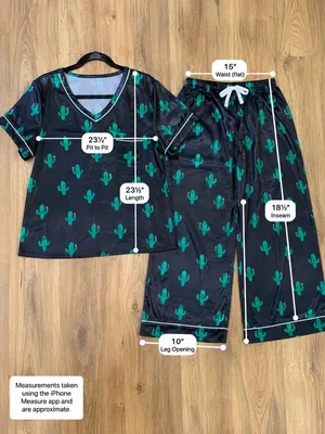 Women’s XL Cactus Pajama Set 2 Piece Satin Short Sleeve Wide Leg Capri PJs thumbnail 15