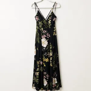 NEW Lulus Black Floral Satin Surplice V-Neck Strappy Back Maxi Dress, Large thumbnail 3