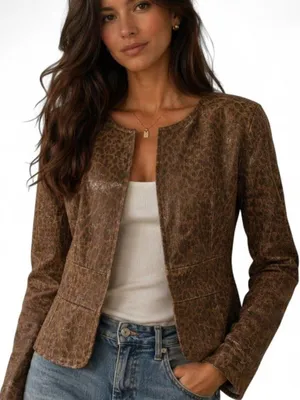Live A Little 100% Leather Jacket Leopard pattern zippered thumbnail 1