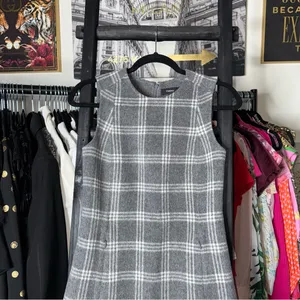 Theory Gray Plaid Wool-Blend Cashmere Sleeveless Shift Mini Dress 00 Preppy thumbnail 3