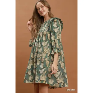 Umgee Mix Floral Print‎ Smocked Ruffle Detail Flowy Dress - Sage Mix - Small thumbnail 2
