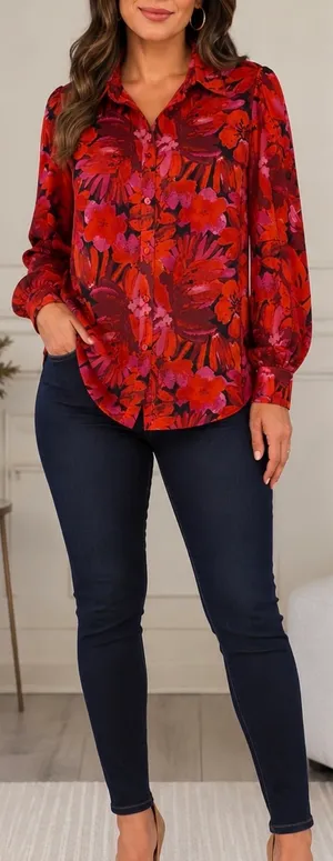 BTFBM~ Red & Pink Floral Button-Up Blouse ~ONLY~None Stretch. L thumbnail 1