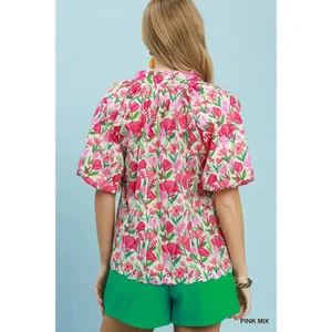 Umgee Floral Puff Sleeve Blouse with Scalloped Details - Medium‎ thumbnail 3