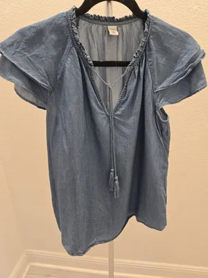 ​Old Navy Small Chambray Flutter Sleeve Tassel Tie Peasant Denim Top Women's thumbnail 1