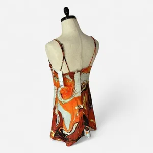 NEW Urban Outfitters Marble Print‎ Mini Dress Orange Red Brown Strappy Women's M thumbnail 2