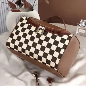 Brown Checker Faux Leather Cosmetic Makeup Bag Boxy Travel Case NWT thumbnail 7