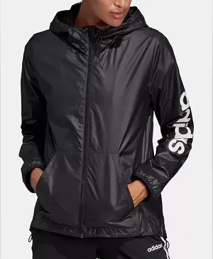 Adidas Women's Linear Windbreaker W/Hoodie, Rain Jacket, Full Zip, Black Size XS thumbnail 1
