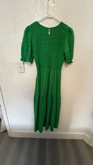 Boho Green Smocked Maxi Dress - Puff Sleeve Tiered Long Dress - Size S thumbnail 3