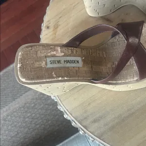 Steve Madden Colins Brown Leather Wooden Platform Wedge Sandals Size 7.5 thumbnail 5