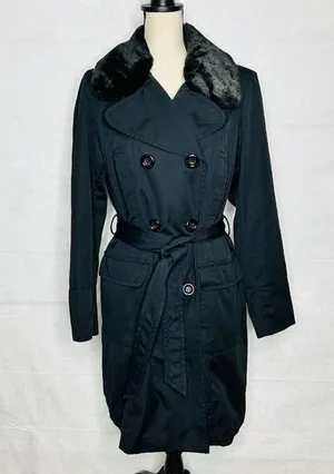 Jones New York Coat Size Large Black Faux Fur Removeable Collar Belted Trench thumbnail 1