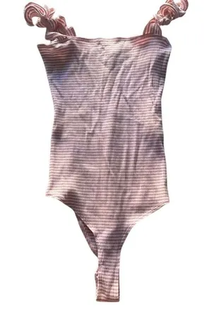 Reformation Pink White Gingham Ruffle One Shoulder Bodysuit Size M thumbnail 1