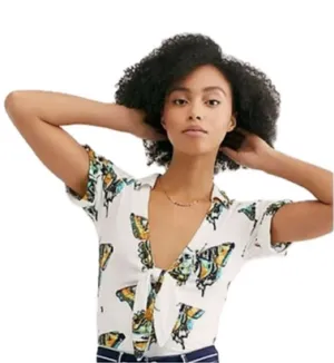 Free People Women's Ready Set Sail Tie-Front Butterfly Print Shirt Size Large thumbnail 1