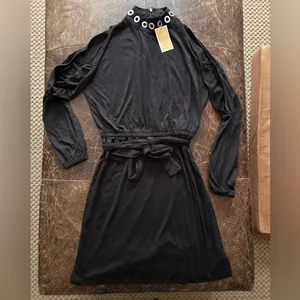Michael Kors Black Long Sleeve Cold-Shoulder Dress Mock Grommet Neck thumbnail 2
