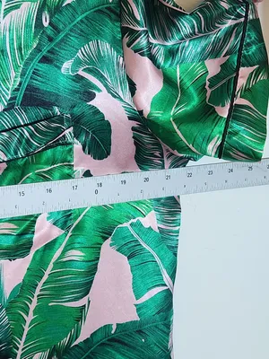 Green and Pink Tropical Palm Print Satin Pajama Set Size Large thumbnail 6