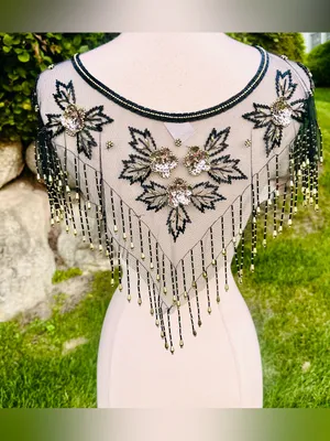 Fina Moda Vintage Beaded Black Mesh Caplet Collar Scarf with Fringe & Sequins thumbnail 11
