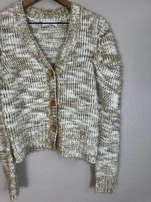 Jacquie The Label V Neck Puff Sleeve Fiora Cardigan Knit Sweater Small Tan Fawn thumbnail 7