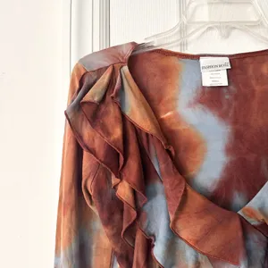 Fashion Bug Blue Brown Tie Dye Frill Goth Core Y2K Boho Ruffle Blouse Small USA thumbnail 2