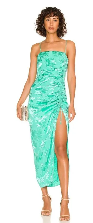 Saylor Floral Jacquard Ruched Slit Midi Gardenia Dress Mermaidcore Wedding Guest thumbnail 1