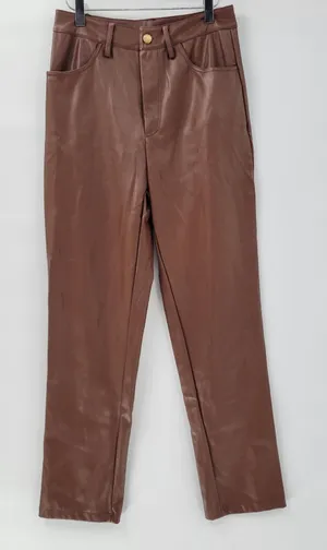 Faux Leather Pants Medium Brown High Waist Straight Leg Zip Casual Chic Club thumbnail 1