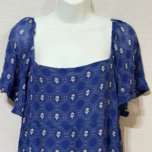 Maeve Anthropologie Blue Block Print Open Back Ruffle Mini Dress Large thumbnail 5