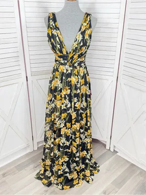 Aidan Mattox Floral Pleat V Neck Front Slit Formal Maxi Dress Black Yellow 8 thumbnail 2
