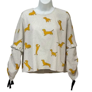 Zara Woman‎ Dachshund Dog Polka Dot Blouse Cream Yellow Small Ruffle Tie Sleeve thumbnail 2
