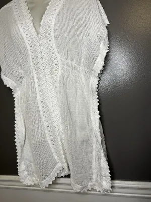 SeaSpice Cover Up Womens Medium White Crochet Mesh Lace Trim Beach Tunic Swim thumbnail 7