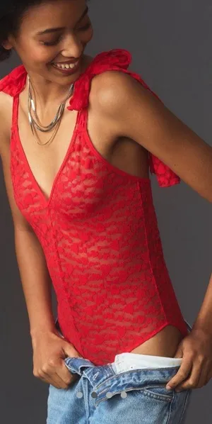Anthropologie Flocked Red Bow Shoulder Bodysuit NEW Valentine’s Day thumbnail 1