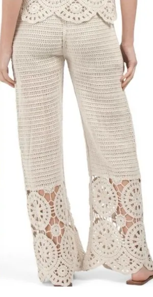 Solitaire X Anthropologie Crochet Wide Leg Pants Cream Ivory Boho Bohemian thumbnail 1