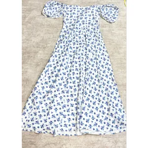 Kutumai Women Medium Blue White Floral Maxi Dress Off Shoulder Milk Maid Cottage thumbnail 8