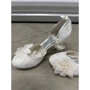 White Lace Floral Bridal Heels Ribbon Tie Ankle Strap Wedding Pumps Size 42 thumbnail 8