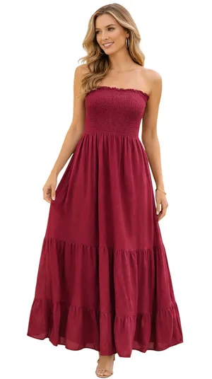 ZESICA Smocked Waist Maxi Dress Maroon Pink Boho Flowy size Large thumbnail 1