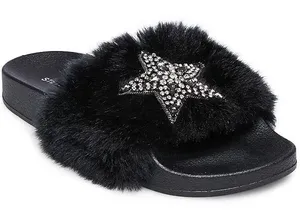 Steve Madden Black Faux Fur Shimmer Embellished Star Slide Sandals thumbnail 1